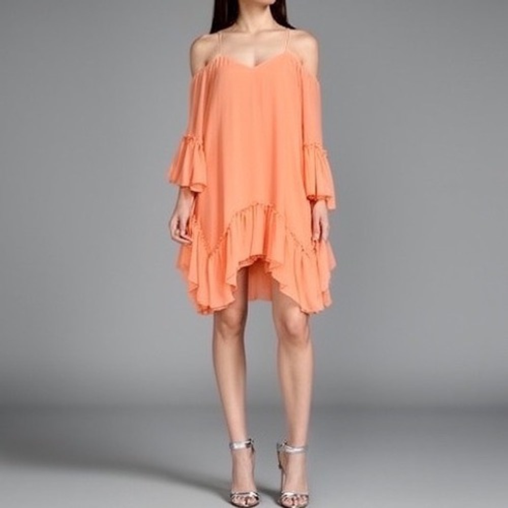 Alice + Olivia Ilaria Silk Cold Shoulder Flounce Dress Peach Ruffle NEW sz Small